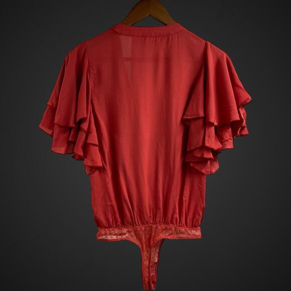 Free People Ruffle Sleeve Body Suit Top Tie Front XS Red Cha Cha - Picture 5 of 7